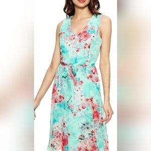 Emma & Michele Aqua and Pink Floral Midi Dress
